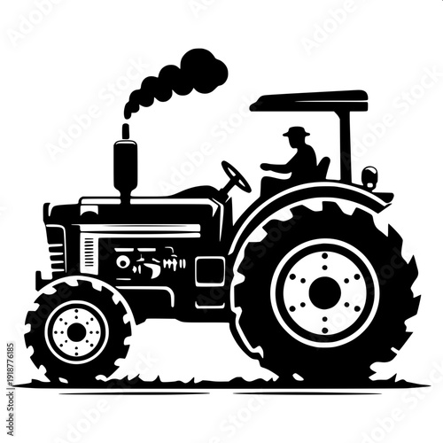 Detailed vector tractor graphic, big tires, engine lines, smoke exhaust, monochrome design