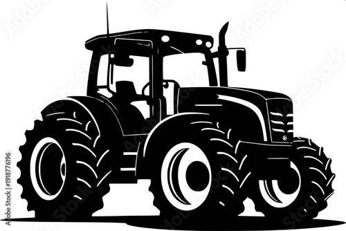 Detailed vector tractor graphic, big tires, engine lines, smoke exhaust, monochrome design