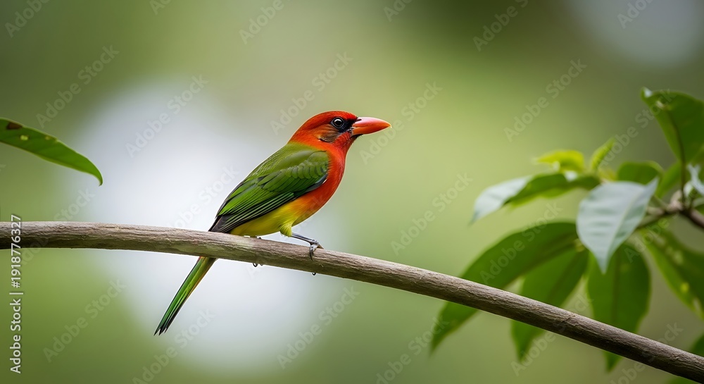 Obraz premium Vibrant tropical scarlet bellied mountain tanager perched gracefully upon a sturdy brown tree branch amidst lush soft green jungle foliage background