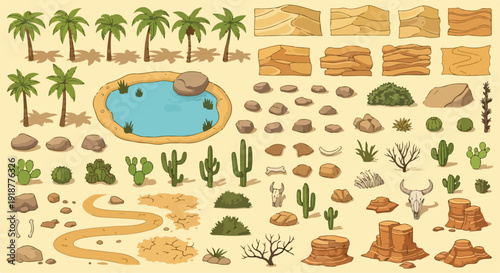 Desert Landscape Game Elements Set Vector