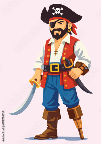 069-25-Cartoon pirate standing, holding a cutlass, wearing an eye patch and tricorn hat. No used AI