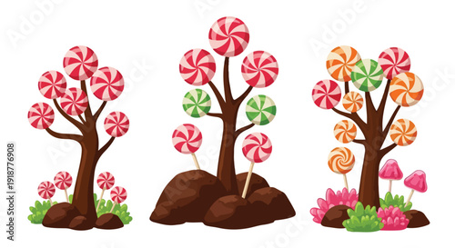 Set of 3 Cartoon Candy Trees with Swirl Lollipops Vector