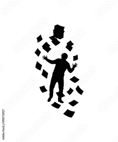 Businessman juggling falling documents work overload stress minimalist black white concept
