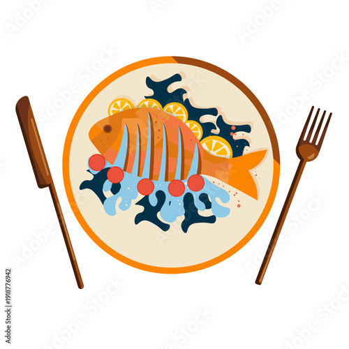 Baked fish on a plate with lemon, herbs and tomatoes. Vector illustration. Top view. Can be used for a restaurant menu.
