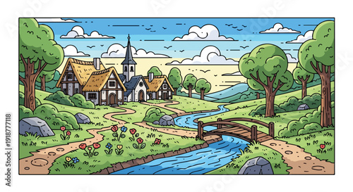 Cartoon Village Landscape with River and Wooden Bridge Illustration
