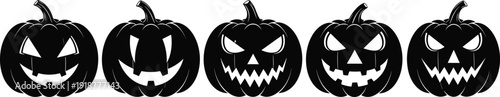 Black silhouette vector illustration of Halloween jack-o’-lantern icons, carved pumpkin faces, spooky expressions, holiday decoration design motif