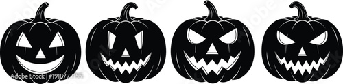 Black silhouette vector illustration of Halloween jack-o’-lantern icons, carved pumpkin faces progression, spooky expressions, festive decoration motif
