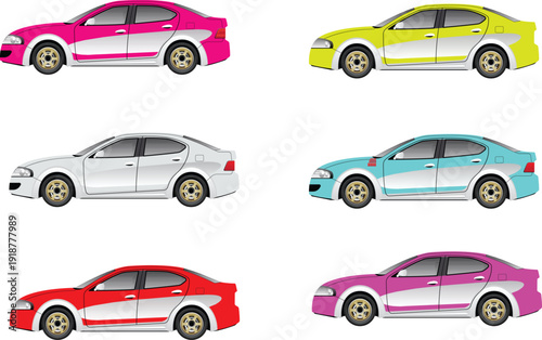 Set of colorful sports sedan cars with racing stripes and gold rims vector illustration featuring pink yellow white blue red and magenta variants for automotive design