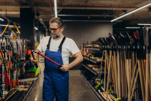 Man comparing garden tools in hardware store aisle