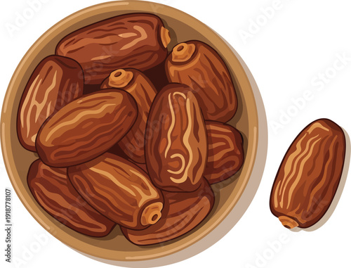 Sweet dried dates in a rustic bowl, with one alongside, represent a.