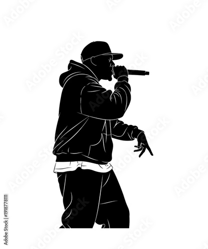Rapper performing on stage with microphone in hoodie and cap black and white portrait