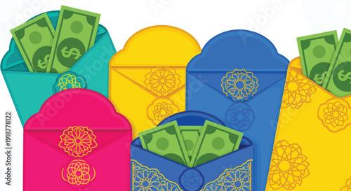 Colorful envelopes filled with money, featuring ornate patterns, are.