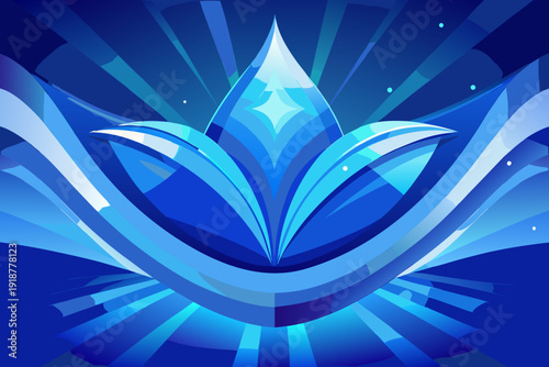 A vibrant blue lotus flower illustration with radiant lines and a star in the center