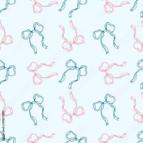 Light ribbon bows in blue and pink arranged in a soft seamless pattern. Feminine decorative background ideal for gifts, fabric, stationery, and elegant packaging.