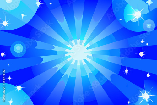 A vibrant blue vector graphic illustration of a radiant starburst with sparkling stars and circles