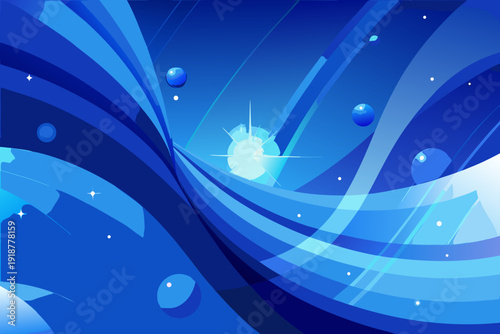 A vibrant blue abstract vector graphic with swirling shapes and a radiant sun