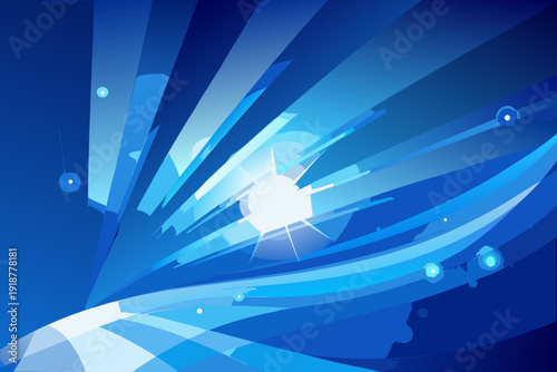 A vibrant blue vector graphic illustration with a radiant sun and dynamic lines