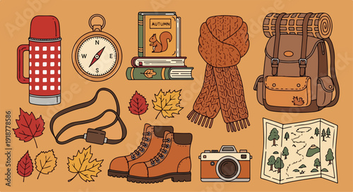 Autumn Hiking and Camping Gear Set Vector Illustration
