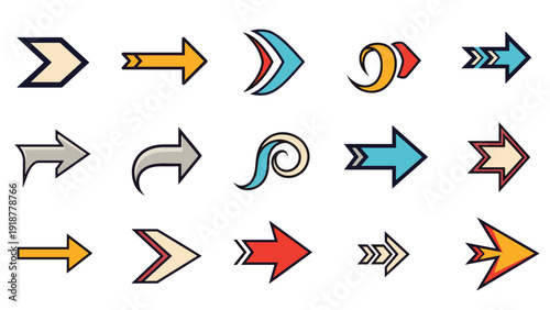 Comprehensive collection of fifteen stylized arrows in various colors and shapes including curved and straight designs.