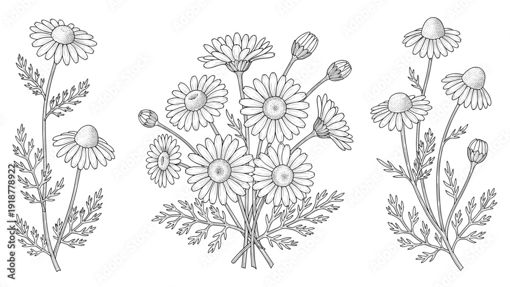Fototapeta premium Detailed black and white botanical sketches of chamomile flowers with stems and leaves ideal for herbal tea branding.