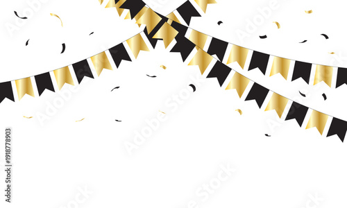 Colorful Party Bunting and Confetti . Festive celebration background with colorful pennant bunting flags and falling confetti streamers, perfect for birthday party invitation or holiday event design.
