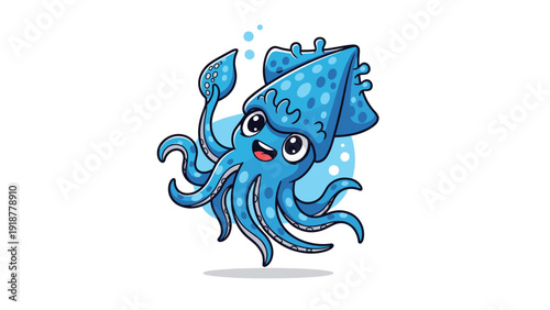 Adorable blue cartoon squid with large eyes and a happy expression swimming among small bubbles in the ocean.