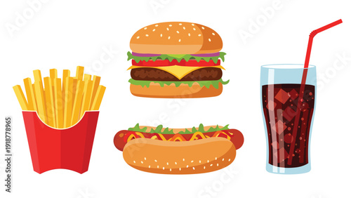 Delicious fast food meal set featuring a classic cheeseburger, hot dog, french fries, and a cold soda with a straw.
