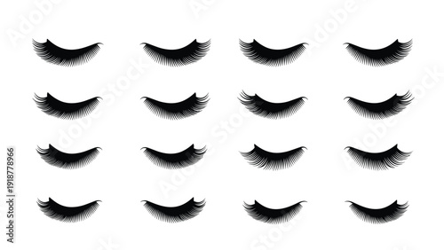 Collection of sixteen different pairs of long thick eyelashes silhouettes showcasing various styles for beauty and makeup.