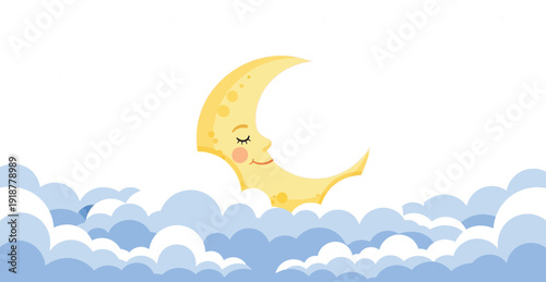 Sleeping crescent moon with a peaceful face nestled among soft blue.