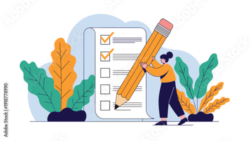 Young woman holding a giant pencil and checking off tasks on a large paper list surrounded by colorful tropical leaves.