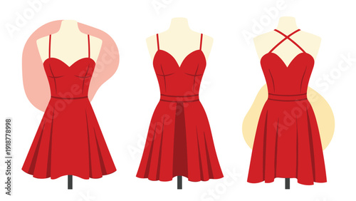 Three elegant red evening dresses shown on mannequins featuring spaghetti straps, halter neck, and crossed back styles.