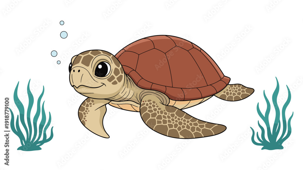 Fototapeta premium Cute brown sea turtle swimming gracefully through the blue water with seaweed and air bubbles in the background.