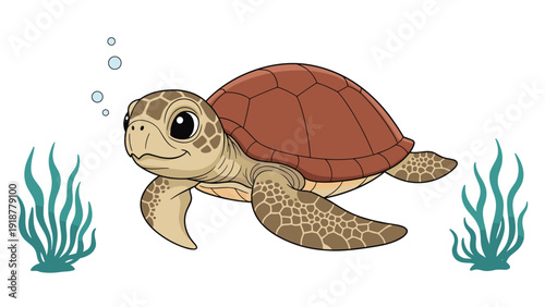 Cute brown sea turtle swimming gracefully through the blue water with seaweed and air bubbles in the background.