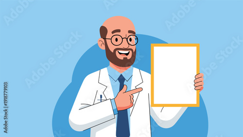Friendly male doctor in a white lab coat holding a blank yellow frame board for your text or custom message.