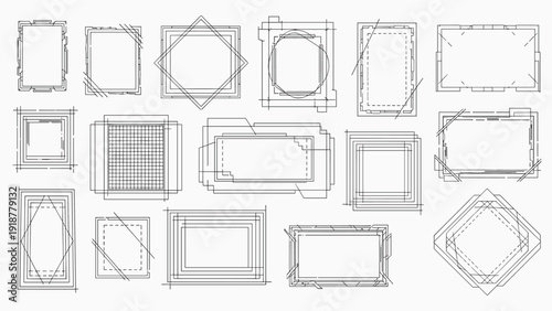 Set of technical digital frames with thin lines and geometric shapes in a modern technological interface style.