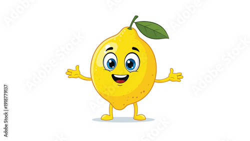 Cheerful lemon fruit character with big blue eyes and a friendly smile stands with its arms wide open in welcome.