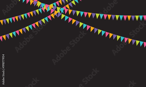 Colorful Party Bunting and Confetti . Festive celebration background with colorful pennant bunting flags and falling confetti streamers, perfect for birthday party invitation or holiday event design.
