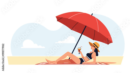 Relaxed woman in a bikini sunbathes on a beach towel under a large red umbrella while holding a tropical drink.