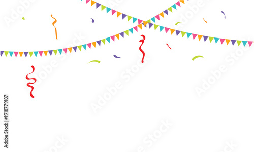 Colorful Party Bunting and Confetti . Festive celebration background with colorful pennant bunting flags and falling confetti streamers, perfect for birthday party invitation or holiday event design.
