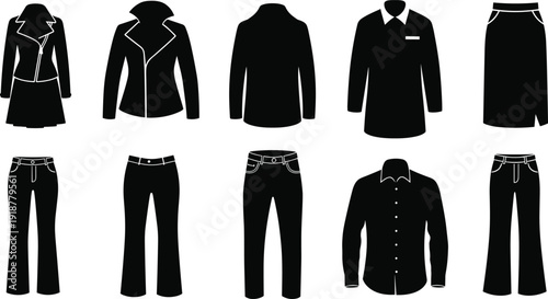 Formal women’s clothing silhouettes set including blazers, shirts, skirts, and trousers, elegant minimalist fashion vector collection for business wear