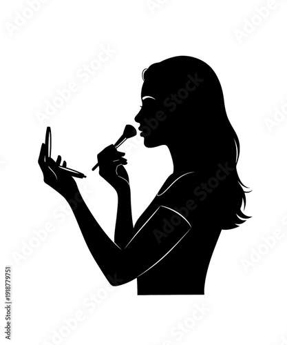 Woman applying lipstick makeup beauty close-up portrait minimalist black white silhouette