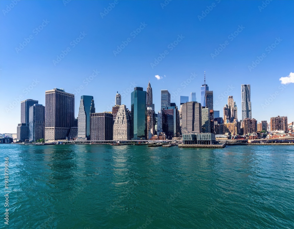 Fototapeta premium Vibrant Skyline of Manhattan with Calm Waters in Daylight