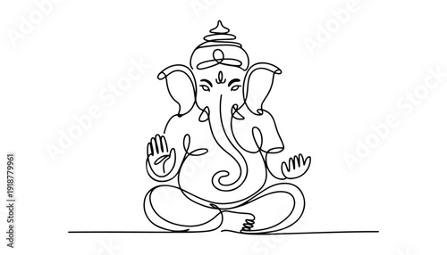 One continuous line illustration of an Lord Ganesha isolated on white background.