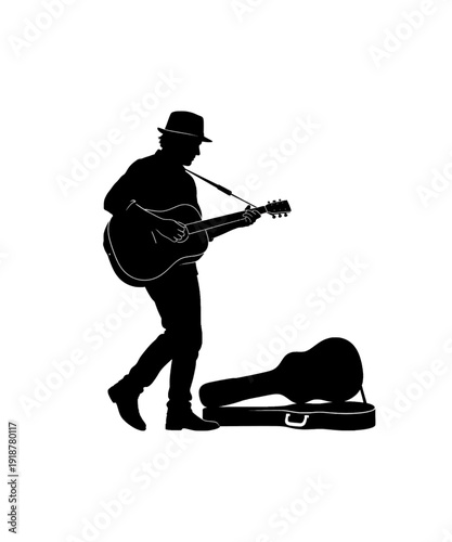 Silhouette musician playing guitar to sleeping dog on skateboard at night