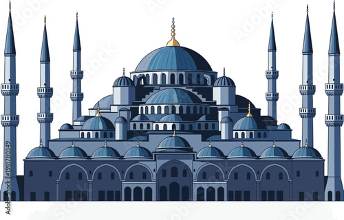 Iconic blue domed mosque with six slender minarets stands as a symbol of.