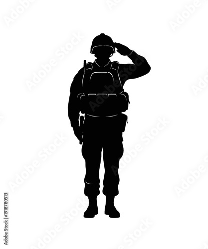 Military soldier standing with backpack and helmet saluting in black silhouette