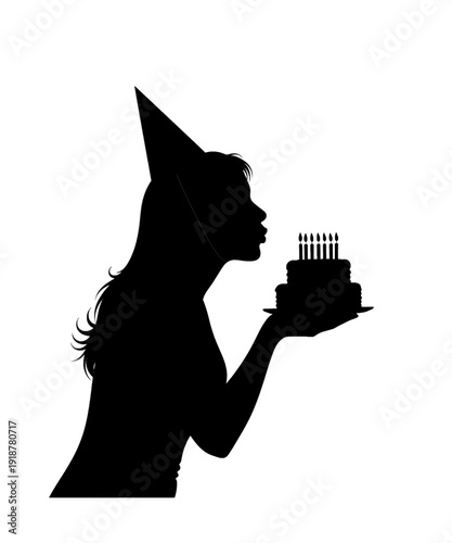 Silhouette woman holding birthday cake with candles celebrating joyful occasion black white