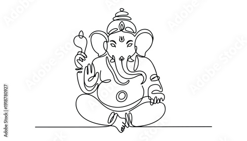 One continuous line illustration of an Lord Ganesha isolated on white background.