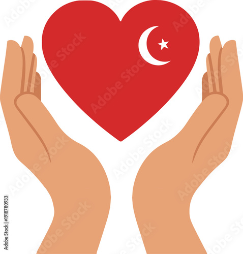 Cupped hands gently holding a large red heart featuring the Turkish flag.
