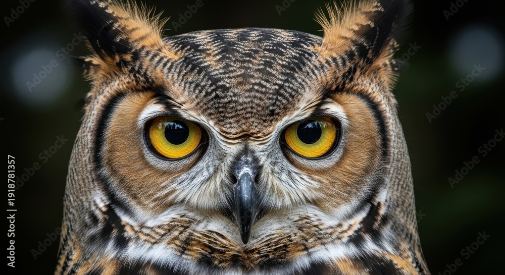 Fototapeta premium A close-up of an owl's face with piercing yellow eyes and distinctive feather patterns.